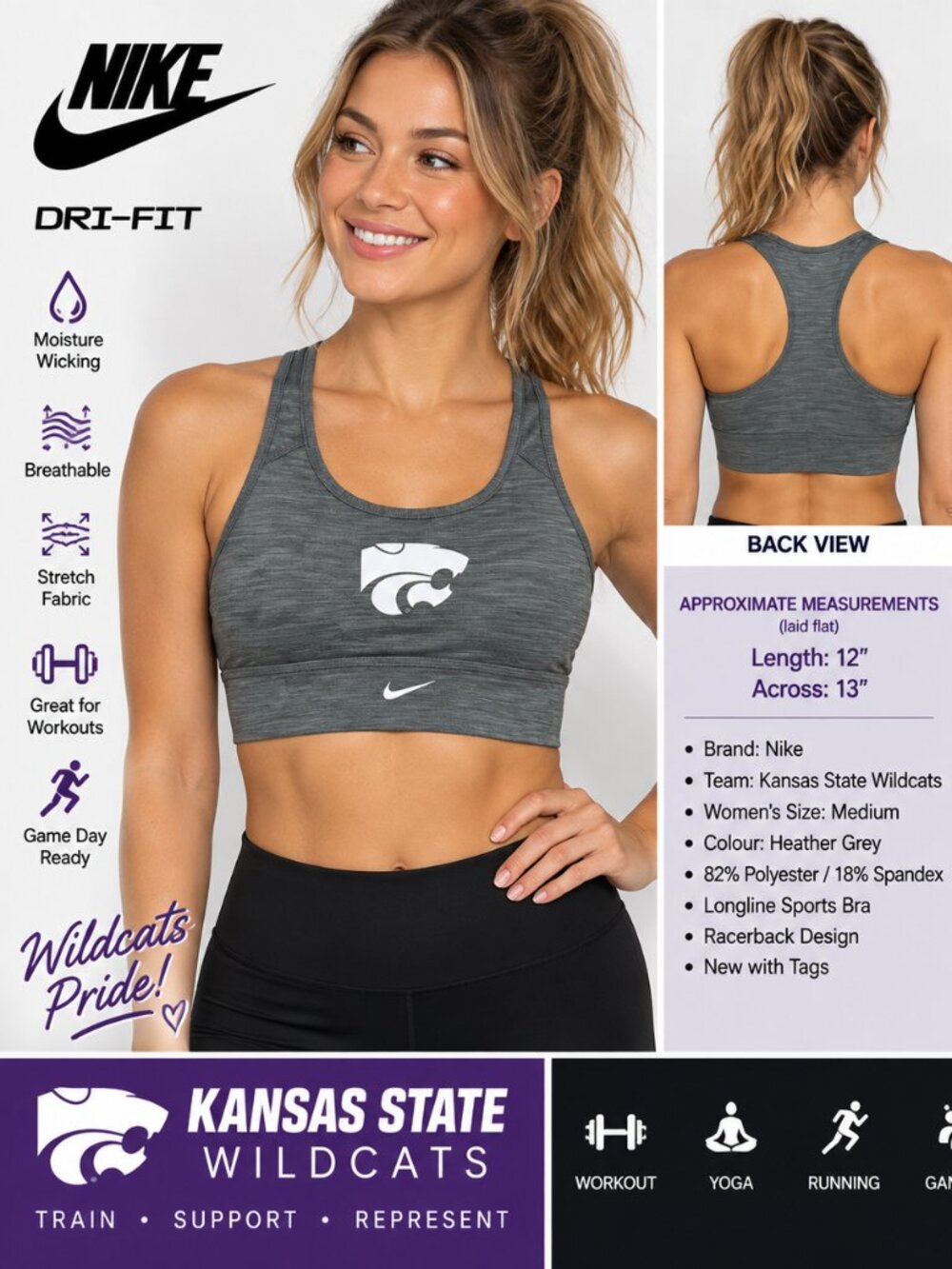 Nike Kansas State Wildcats Dri-FIT Longline Sports Bra Women’s M NWT
